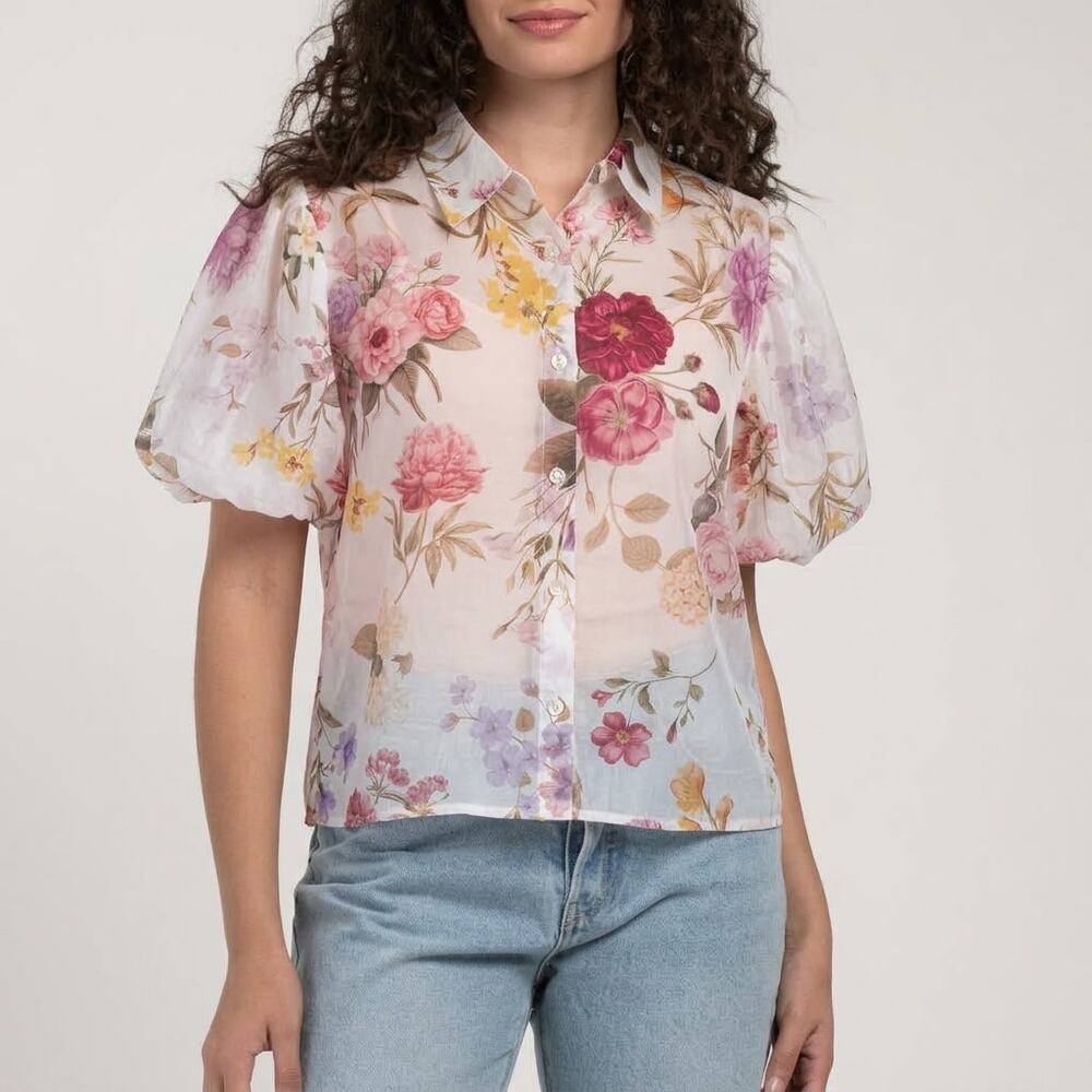 BAILEY 44 Floral Puff Sleeve Top Medium White Pink Cottage Button Up